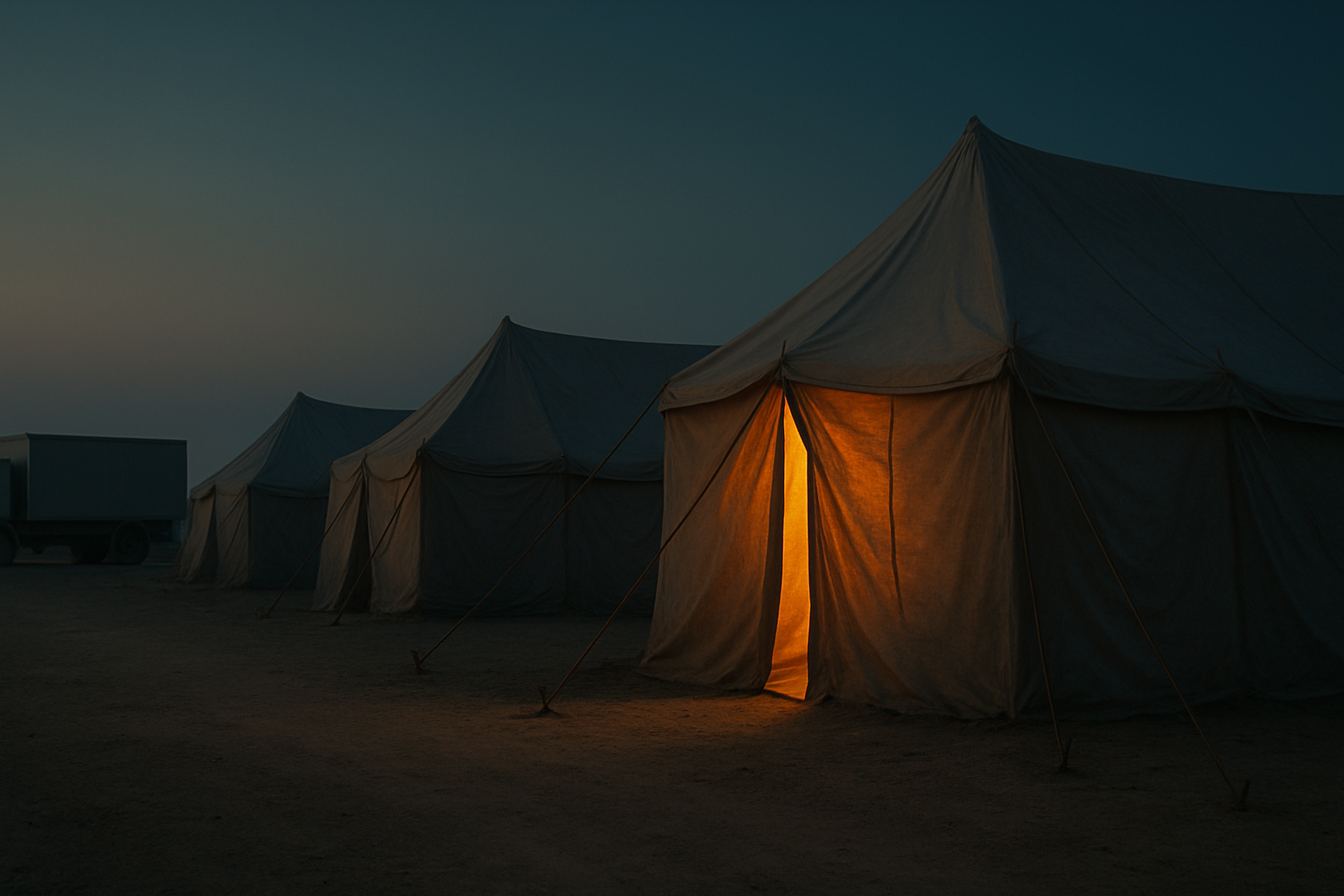 A quiet humanitarian camp logistics area at dusk.